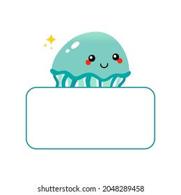 Cute and happy cartoon style jellyfish character with in hands blank card, banner.
