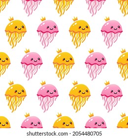 Cute and happy cartoon style jellyfish characters wearing crown vector seamless pattern background for sea life design.