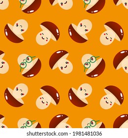 Cute and happy cartoon style mushroom characters vector seamless pattern background.