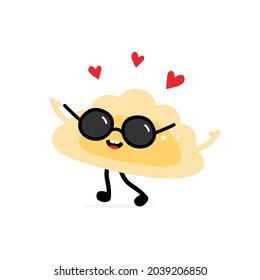 Cute happy cartoon style pierogi, filled dumpling character in sunglasses with red hearts. Love, like concept.