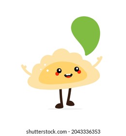 Cute and happy cartoon style pierogi, filled dumpling character speaking, talking with blank, empty speech bubble.