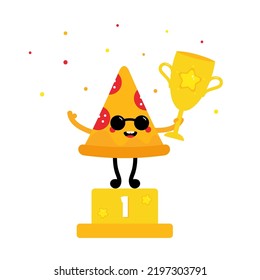 Cute And Happy Cartoon Style Pizza Slice Character Winner Celebrating First Place, Standing On Pedestal And Holding Challenge Cup, Trophy In Hand.