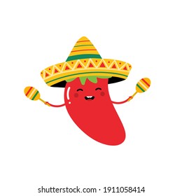 Cute happy cartoon style red chili pepper character wearing sombrero and holding maracas for Cinco de Mayo, mexican festivals design.