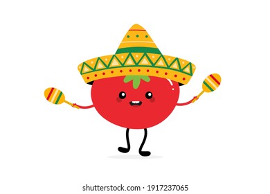 Cute happy cartoon style red tomato character wearing sombrero and holding maracas for Cinco de Mayo, mexican festivals design.
