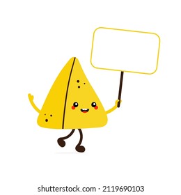 Cute happy cartoon style samosa, indian baked savory pastry character holding in hands blank sign, banner.