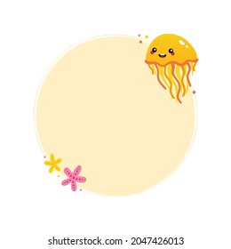 Cute happy cartoon style yellow jellyfish character and sea stars with blank round frame, card template, background. 
