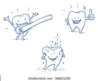 Cute happy cartoon tooth being cleaned with brush, and water, showing thumb up. Hand drawn line art cartoon vector illustration.