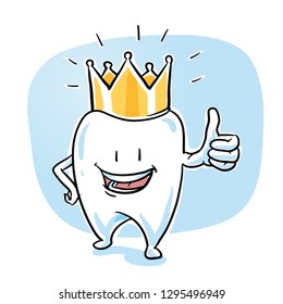 Cute happy cartoon tooth caracter with gold crown, in  shiny, sparkling white, showing thumb up. Hand drawn cartoon sketch vector illustration, whiteboard marker style coloring. 