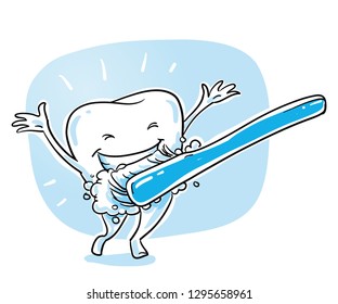 Cute happy cartoon tooth caracter, in shiny, sparkling white, being cleaned with tooth brush. Hand drawn cartoon sketch vector illustration, whiteboard marker style coloring.