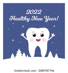 Cute happy cartoon tooth on New Year's Eve near the Christmas trees wishes a Happy New Year and health in 2022. Square christmas card.