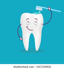 Cute Happy Cartoon Tooth With Its Smiling Toothbrush With Toothpaste On It Isolated On A Background. Vector Illustration. Healthcare Concept.