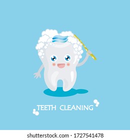 Cute Happy Cartoon Tooth With Its Smiling Toothbrush With Toothpaste On It Isolated On A Background. Vector Illustration. Healthcare Concept.
