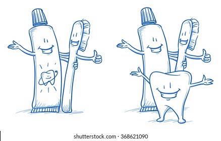 Lindo y feliz cepillo de dientes de dibujos animados y pasta dental con y sin diente feliz. Ilustración vectorial de dibujos de líneas dibujadas a mano.