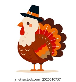 A cute and happy cartoon turkey wearing a pilgrim hat in a festive vector illustration for Thanksgiving.captures the spirit of harvest and celebration, perfect for holiday greeting cards or designs.