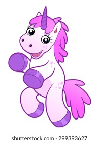 Cute happy cartoon unicorn on the white background.