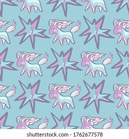 Cute happy cartoon unicorn and stars wallpaper for baby room, greeting card, kids and baby wear hand drawn seamless pattern vector illustration on blue background.