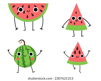 Cute happy cartoon watermelon character slices for educational childish games, books in simple doodle style flat smiling food fruit berry collection dancing 