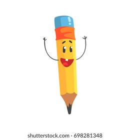 Cute happy cartoon yellow pencil character with hands up, humanized funny pencil vector Illustration