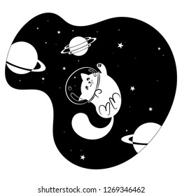 Cute happy cat among the stars and planets in space, cartoon vector drawing of a Cat a spacesuit helmet in Space - Vector 