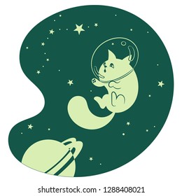 Cute happy cat among the stars and planets in space, cartoon vector drawing of a Cat a spacesuit helmet in Space 