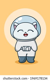 Cute and happy cat astronaut cartoon illustration