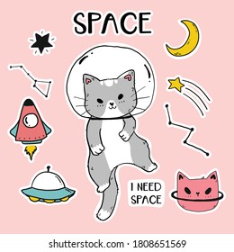 cute happy cat Astronaut in galaxy sticker set  gray cat in helmet  fly  idea for sublimation  cut file  greeting card  sticker  journal  bullet planner printable