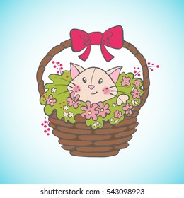 Cute happy cat in basket with flowers. Design element for greeting card. Vector illustration.