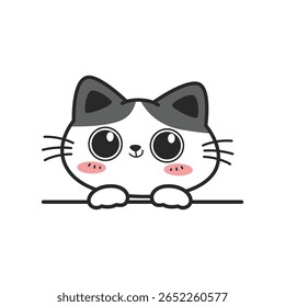 Cute happy cat with big eye cartoon hand-drawn style peeking, Kawaii smiling cat doodle
