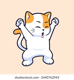 Cute happy cat celebrating cartoon vector icon illustration. Flat style animal cartoon logo