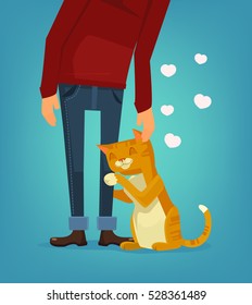 Cute happy cat character hug his owner. Vector flat cartoon illustration