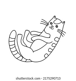 Cute  happy cat  in doodle style.  Hand drawn vector illustration. Isolated black outline. 