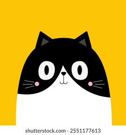 Cute happy cat face head. Funny kitten. Black White silhouette icon. Kawaii pet animal. Happy Halloween. Cartoon funny baby character. Childish style. Flat design. Yellow background. Vector