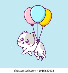 cute happy cat floating in the air with balloon