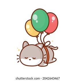 cute happy cat floating in the air with balloon