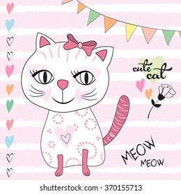 Cute Happy Cat Flower Garland Party Vector Illustration