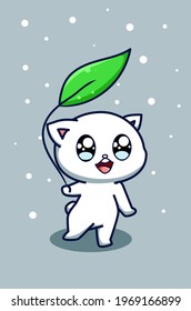 A cute and happy cat with a leaf cartoon illustration