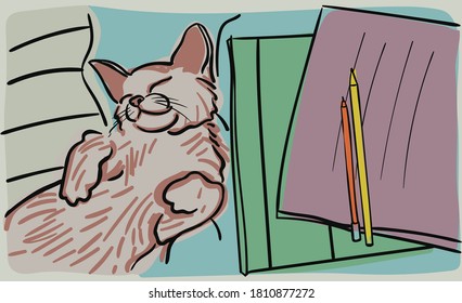 cute happy cat lies with his eyes closed next to textbooks and notebooks. vector illustration