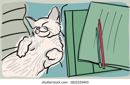 cute happy cat lies with his eyes closed next to textbooks and notebooks. vector illustration
