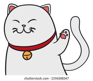 Cute and happy cat - like a Japanese maneki-neko - with closed eyes, white fur, red collar and jingle bell saluting you.