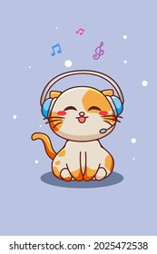 Cute and happy cat listening music with headset cartoon illustration