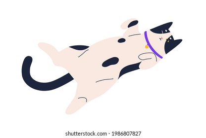 Cute happy cat lying belly up. Adorable kitty resting in relaxed pose. Lazy sweet kitten lying on its back. Flat vector illustration of calm feline animal isolated on white background