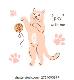 Nette glückliche Katze, die mit Garnkugel spielt und Text mit mir spielt. Spielerische Haustier-Aktivität für Kinder Handwerk oder Haustier Shop Design, Aufkleber, Drucke, Karten. Flache Vektorgrafik auf weißem Hintergrund
