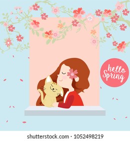 Cute happy cat and Red hood girl in the spring town,illustration vector by freehand drawing doodle comic art