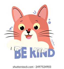 Cute and happy cat seeing lady bug in his nose and be kind saying illustration vector