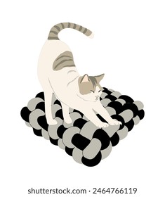 Cute happy cat stretching on soft pillow. Adorable sweet kitty. Funny kitten with peaceful face expression. Colored flat vector illustration of pet isolated on white background.