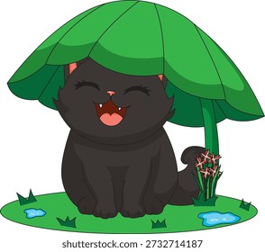 Gato Feliz Bonito Tomando Escudo Sob a Folha Chuva Cartoon Kitten Vetor