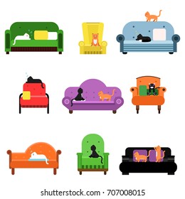 Cute happy cats sitting and lying on a sofa set of cartoon vector Illustrations