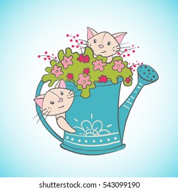 Cute happy cats with watering can full of flowers. Design element for greeting card. Vector illustration.