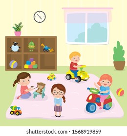 Cute and happy caucasian children playing toys. One unhappy girl without toy. Cartoon playroom in kindergarten, interior and various beauty kids. Flat vector illustration