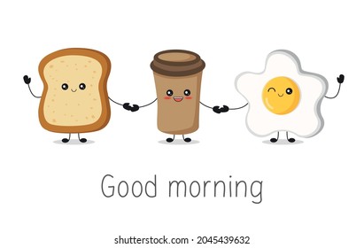 Cute Happy Character, Kawaii Fried Egg, Coffee And Toast. Good Morning Card. Food And Drink Icon Concept.